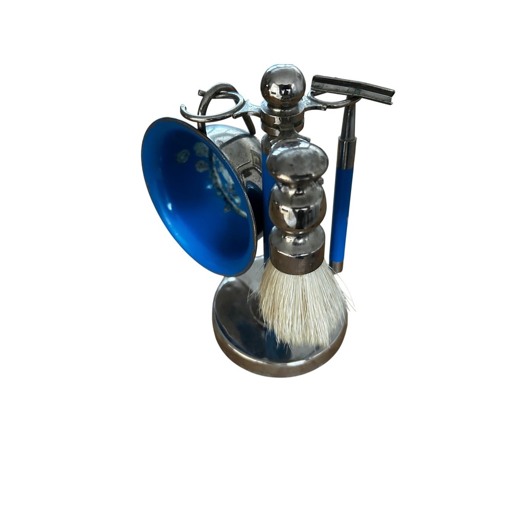 Mid Century Vintage Shaving Set Stand Razor Brush Bowl Blue‎ Handle